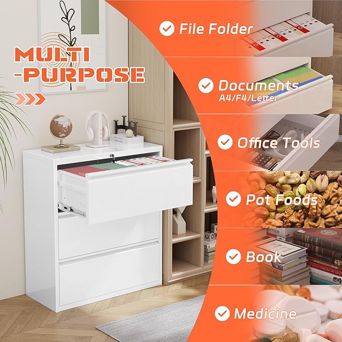 INTERGREAT 3 Drawer File Cabinet, Metal Lateral Filing Cabinet for Home Office, Locking Horizontal File Cabinets for Hanging Files Letter/Legal/F4/A4 (White)