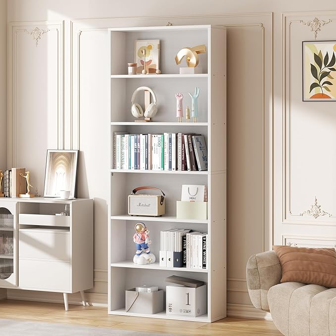 Vongrasig 6-Tier Open Bookcase and Bookshelf, Floor Standing Wood Display Storage Shelves 71 Inch Tall Bookcase Home Decor Furniture for Home Office, Living Room, Bed Room, White