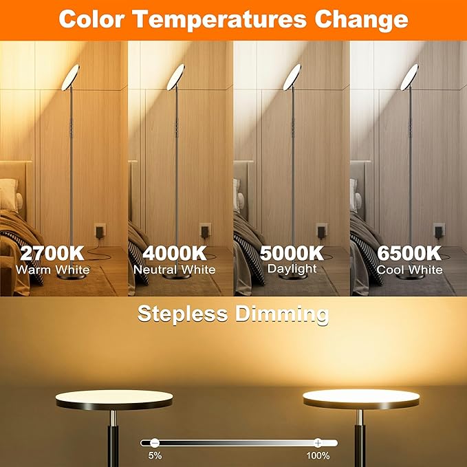 Super Bright Floor Lamp for Living Room, Stepless Dimmable LED Standing Lamp with Remote and Touch Control, 69” Tall Torchiere Corner Lamp for Bedroom Office Hotel, Black