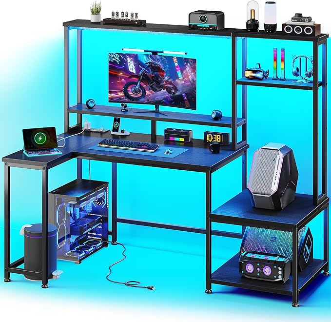 Gaming Desk with LED Lights & Outlets,55" L Shaped Computer Desk with Shelves & Storage Hutch,Reversible Corner Gaming Table with Printer Space & Monitor Stand for Home Office,Black
