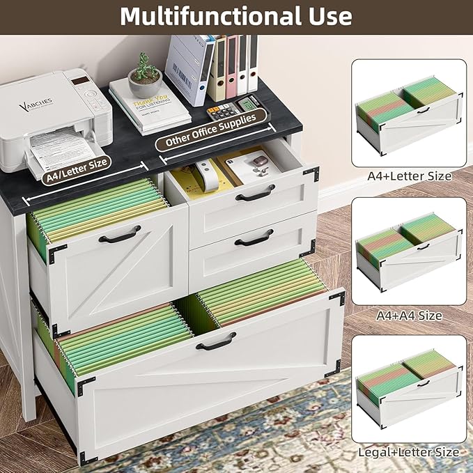 Vabches 4-Drawer Wood Lateral File Cabinet for Hanging Files Letter/A4/Legal Size, Large Farmhouse File Cabinets for Home Office, Printer Stand with Office Cabinet, White and Black