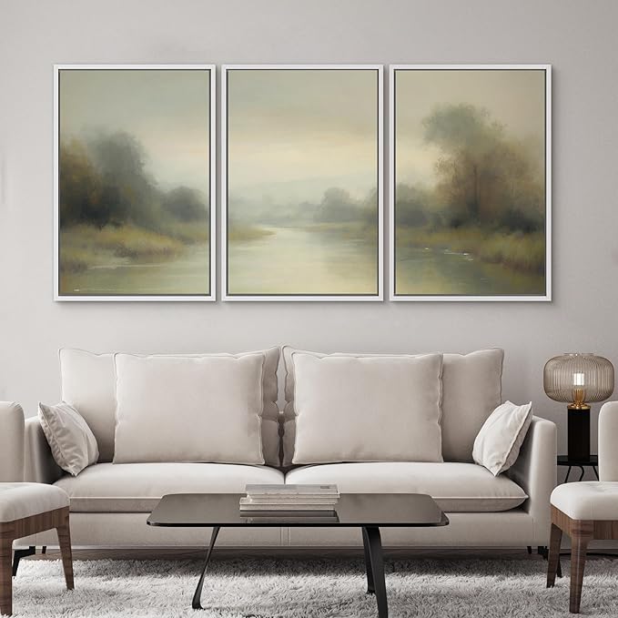 SIGNWIN Framed Wall Art Print Set Misty River Landscape Soft Neutral Nature Scene Photography Modern Art Closeup Relax/Calm Dark for Living Room, Bedroom, Office - 16"x24"x3 White