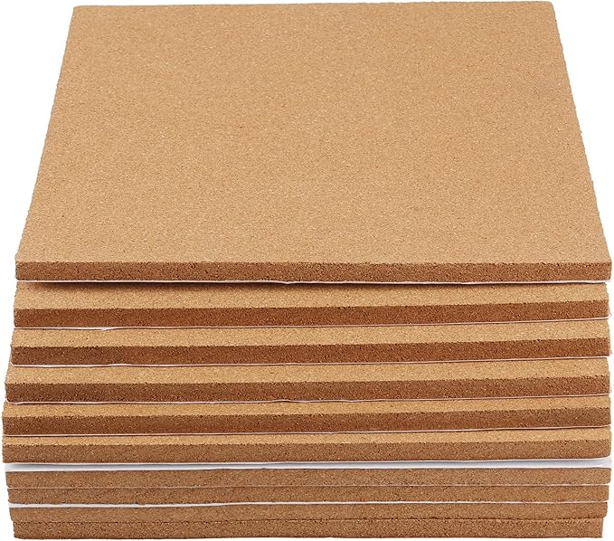 10 Pack Cork Board Tiles, 12 x 12 x 1/2 inch Bulletin Board Cork Panels, Cork Tiles with Self Adhesive for Wall Pictures, Notes, Office, Room, Home Decor
