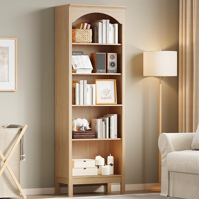 Arched Set of 2 Bookshelf with 5 Tier Open Shelves, 71" Tall Wood Bookcase with Adjustable Shelves, 24" Wide Floor Standing Display Storage Shelf for Home Office, Kitchen, Living Room, Natural Oak