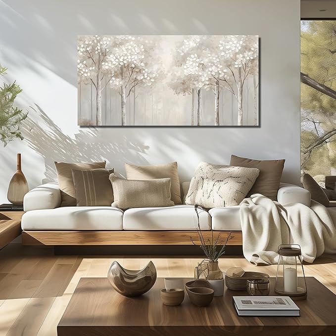 ANCXWOTER Large Forest Wall Art for Living Room White Misty Birch Tree Picture for Bedroom Office Modern Landscapes Canvas Prints Ready to Hang 24x48 Inch