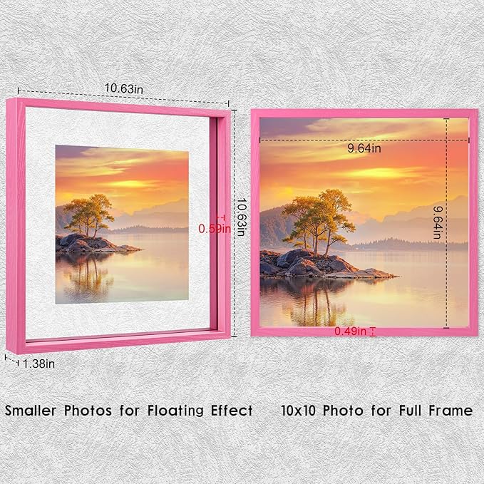 MUYE 10x10 Floating Frame Set of 2,Double Real Glass Square Photo Frame,Display Any Size Photo up to 10x10,Wall Mount or Tabletop Standing,Pink