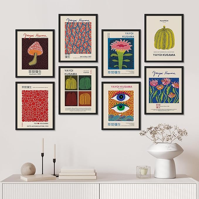 SIGNWIN Framed Poster Wall Art Set of Mushroom Botanical, Blue Red Dots, Japanese Pumpkin The Ocean Minimalist Decor for Living Room, Bedroom, Office - 12"x16"x 8 Black