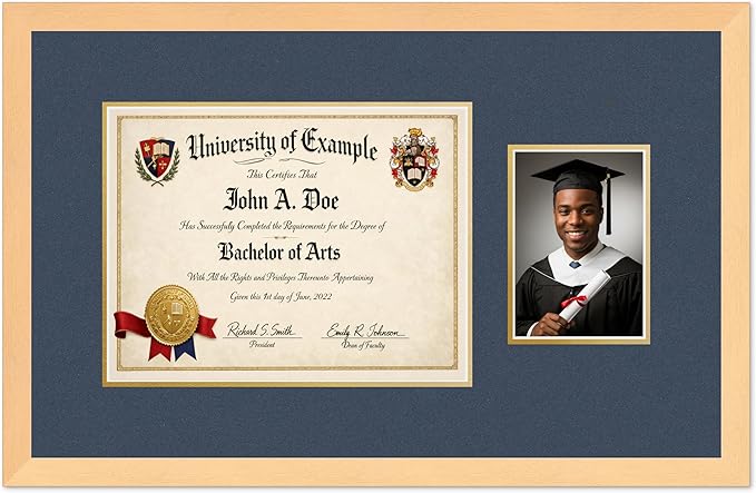 CountryArtHouse Fits 13 x 10 College Diploma (Traditional) and 5 x 7 Photo Diploma and Photo Frame Natural Wood Genuine Hardwood with Navy Blue Over Metallic Gold Double mat