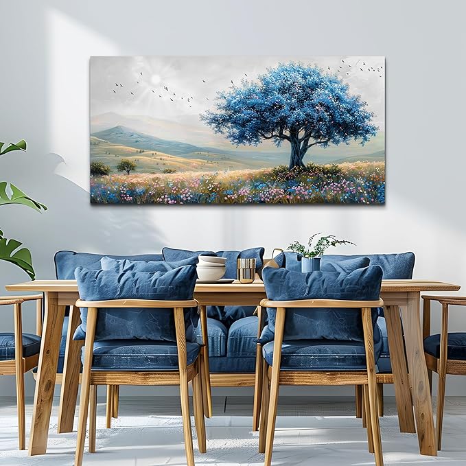 KELIYUAN Large Farmhouse Wall Art For Living Room Canvas Wall Decor For Office Bedroom Hotel room Field Scenery Wall Painting Blue Trees Picture Modern Home Decoration Artwork Ready To Hang 24x48In