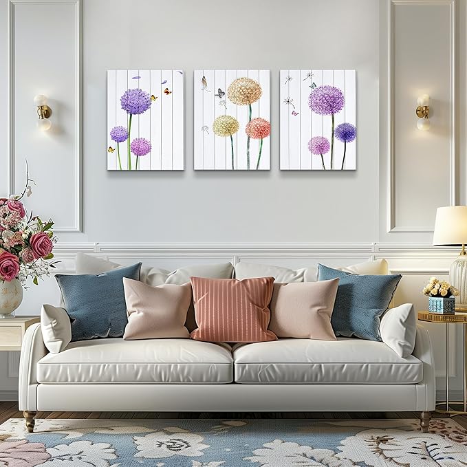 MHARTK66 Wall Art for Bedroom Wall Art Set of 3, Minimalist Wall Art Colorful Dandelion Canvas Artwork Paintings, Abstract Botanical Pictures for Modern Farmhouse Kitchen Bathroom Office,12"x16"