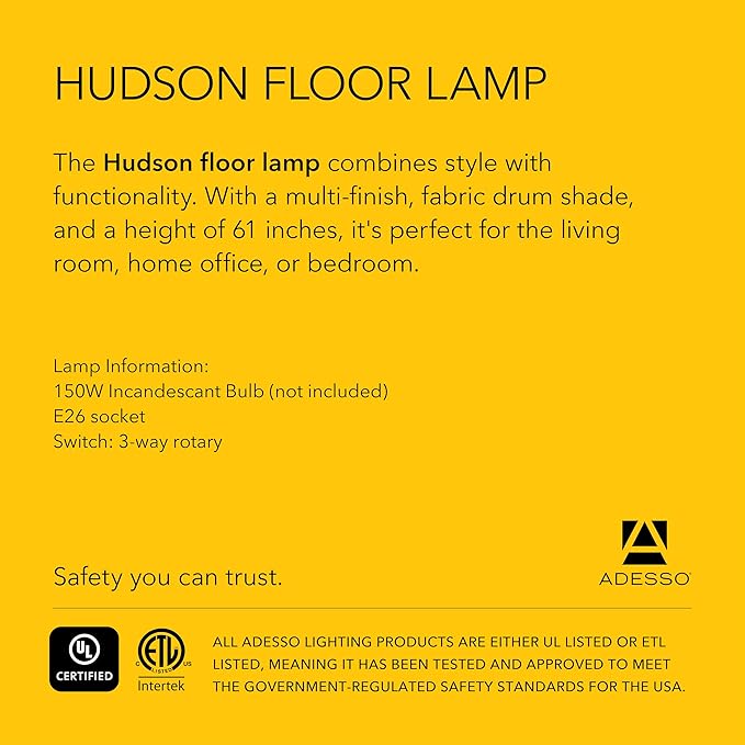 Adesso Hudson Floor Lamp - Adjustable Brightness, Perfect Lighting for Bedroom, Living Room and Corner Decor, Maple Eucalyptus Wood & Satin Steel Accents, Soft/White Lampshade