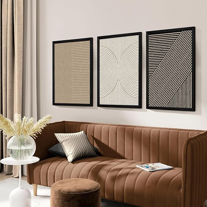 Boho Modern Wall Art Pictures Neutral Abstract Canvas Wall Decor Minimalist Line Wall Art Beige Brown Black Poster Mid Century Painting Artwork for Living Room Bedroom 16x24x3 Inch Wood Framed
