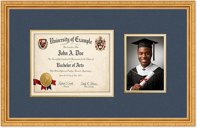 CountryArtHouse Fits 10 x 8 Professional License and 5 x 7 Photo Diploma and Photo Frame Museum Gold Genuine Hardwood with Navy Blue Over Metallic Gold Double mat