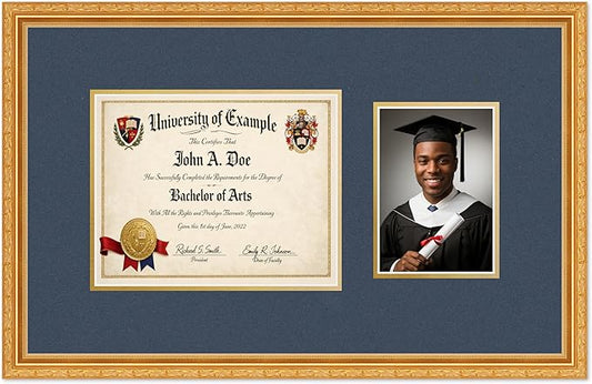 CountryArtHouse Fits 10 x 8 Professional License and 5 x 7 Photo Diploma and Photo Frame Museum Gold Genuine Hardwood with Navy Blue Over Metallic Gold Double mat