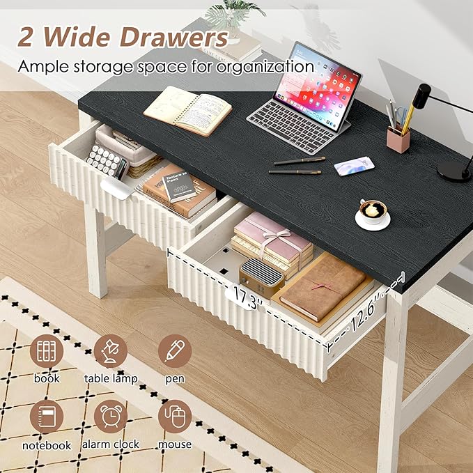 Fluted Computer Desk with 2 Drawers, 39 Inch Small Computer Desk with Storage, Compact Writing Study Desk for Small Spaces, Black and White