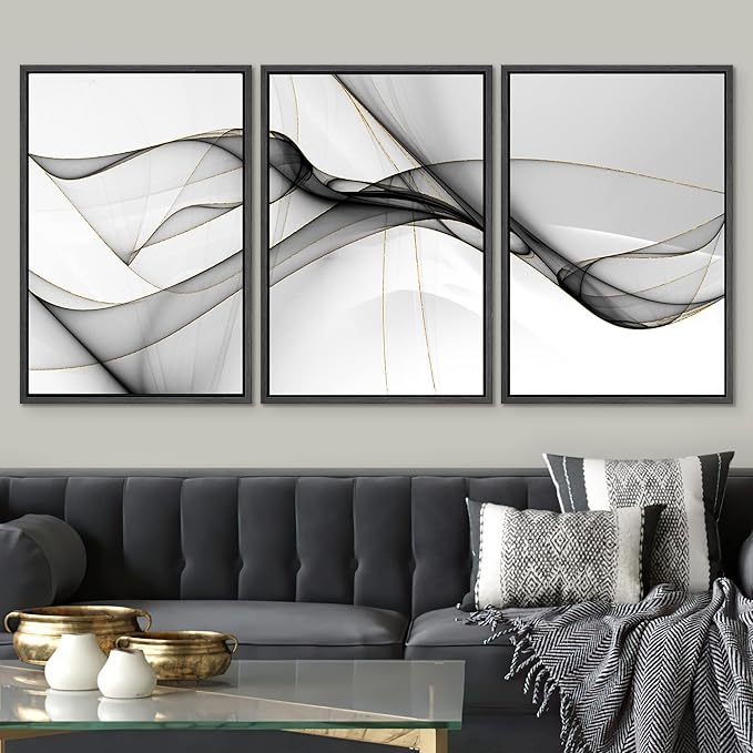SIGNWIN Framed Canvas Print Wall Art Set Pastel Gray Geometric Smoke Wave Abstract Shapes Illustrations Modern Art Decorative Nordic Zen Chic for Living Room, Bedroom, Office - 16"x24"x3 Black