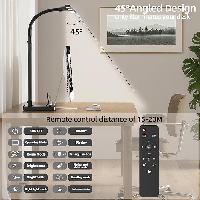 desk lamp for home office，Architect Led Desk Lamp with 25 Lighting Modes Adjustable Flexible Gooseneck, 24W Ultra Bright Task Lamp with Atmosphere Lighting（Black Desktop)