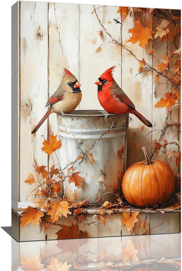 Fall Cardinal Wall Art Autumn Pumpkin Leaf Pictures Wall Decor Cardinals Canvas Painting Modern Artwork Home Decoration for Living Room Bathroom Bedroom Office Framed 16"x24"