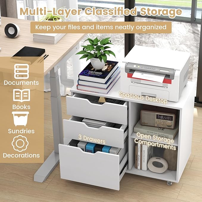 3 Drawer File Cabinet, Wood Lateral Filing Cabinet for Hanging Letter, A4, Legal Size, Rolling Printer Stand with Adjustable Shelf, Under Desk Storage for Home Office (White)