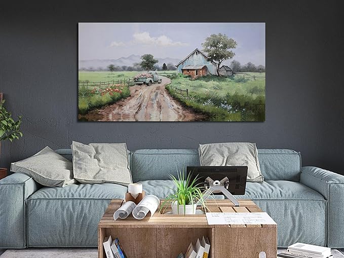 Arjun Landscape Wall Art Canvas Farmhouse Pictures Wall Decor for Living Room, Nature Farm Painting Green Countryside Barn Bedroom Picture Artwork Framed Home Office Wall Decor, Large 48"x24"