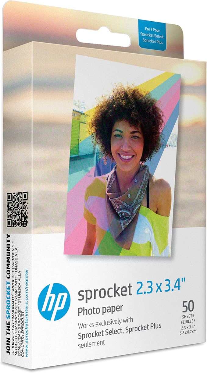 HP Sprocket 2.3 x 3.4 Premium Instant Zink Sticky Back Photo Paper (50 Sheets) Compatible with HP Sprocket Select and Plus Printers.
