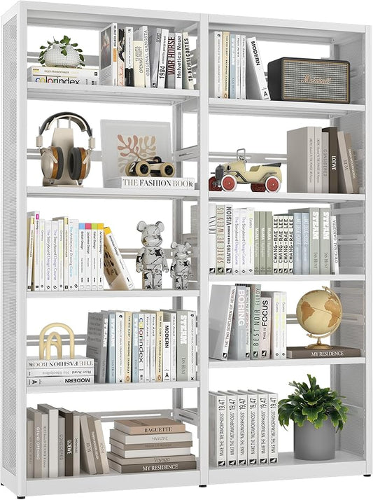 Large 5 Shelf Bookcase, Metal 5 Tier Bookshelf with Bookends, 54 Inch Wide Book Case, Tall Book Shelf Organizer, White Bookcases for Library, Home Office, School, Clinic-Assemble Required