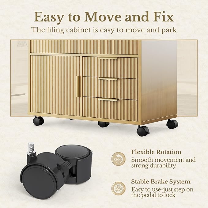 Home Office Furniture Set, Fluted Wooden File Cabinet with Locable Wheels, Filing Cabinet with 5 Drawers for Home Office, Light Walnut