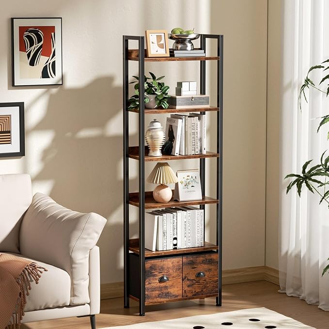 Furologee 6-Tier Bookshelf, Tall 71" Rustic Bookcase with 2 Drawers Storage Organizer, Industrial Display Free Standing Shelf Units, Wood and Metal Storage Rack for Home Office, Bedroom, Rustic Brown | Bookcase, 2 Drawers, Storage Organizer, Industrial...