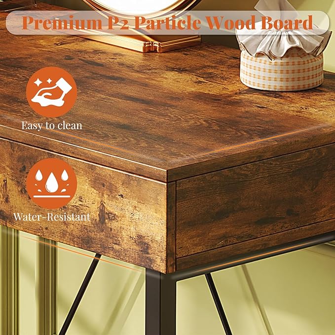 VERMESS 40 Inch Solid Wood Desk with Drawers, Small Computer Desk for Small Space,Modern Makeup Vanity Desks No Mirror, Writing/Study/Work Table for Home Office, Kids Desks for Bedroom, Rustic Brown