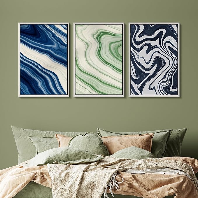 SIGNFORD Framed Wall Art Print Set Blue and Green Marble Swirl Abstract Bold Digital Art Modern Art Contemporary for Living Room, Bedroom, Office - 24"x36"x3 WHITE