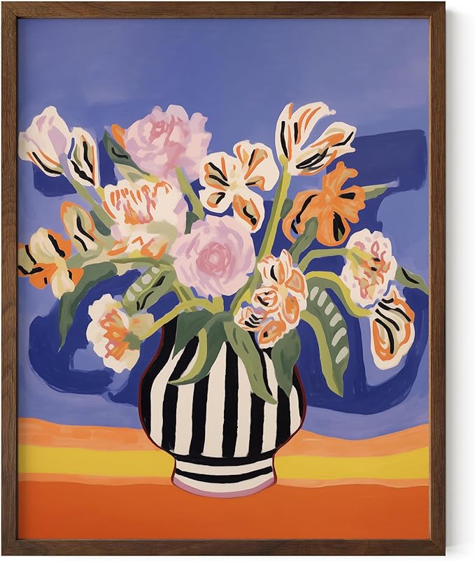 HAUS AND HUES Floral Art Wall Decor - Wildflowers Wall Art for Living Room, Floral Artwork for Bedroom Walls, Flower Painting for College Girls Dorm Room (Striped Vase, Walnut Frame, 11x14)