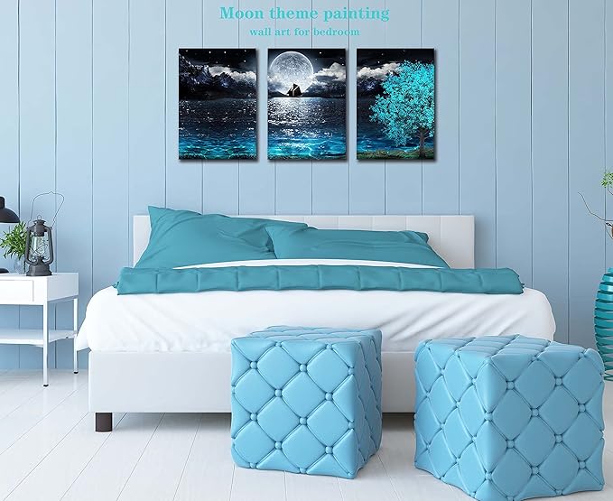 Moon Wall-Art For Bedroom - Teal Wall Art For Living Room - Ocean Tree Home Wall Decor 3 Pieces Framed Canvas Art 16x24 Inches