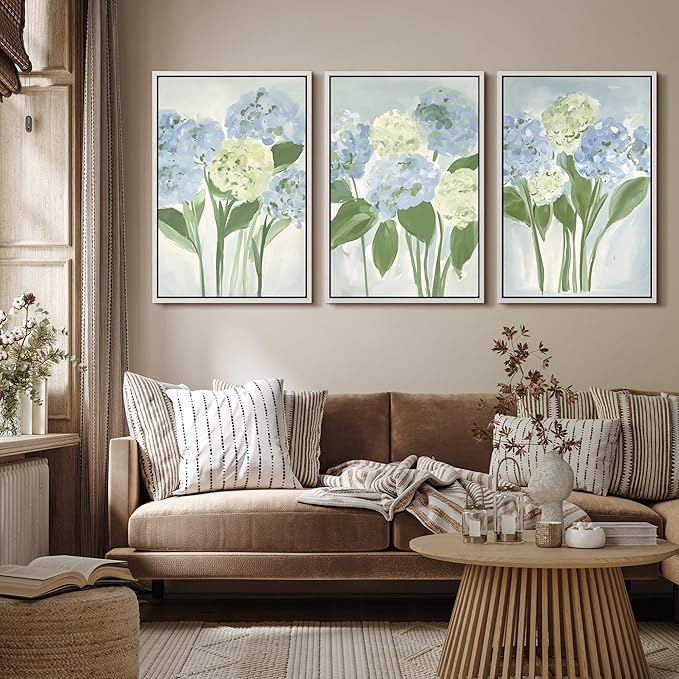 MUDECOR Framed Wall Art Print Set Blue Hydrangea Floral Botanical with Green Leaves Illustrations Modern Art Boho Decorative Colorful Chic for Living Room, Bedroom, Office - 16"x24"x3 White
