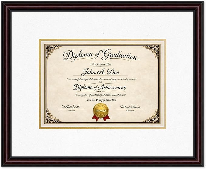 Diploma Frame Executive Brown with Oyster Shell Over Gold Double Mat - Fits 11.69 x 8.27 A4 Certificate Wall Display Made in the USA