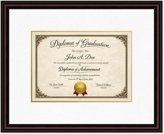 Diploma Frame Executive Brown with Oyster Shell Over Gold Double Mat - Fits 11.69 x 8.27 A4 Certificate Wall Display Made in the USA