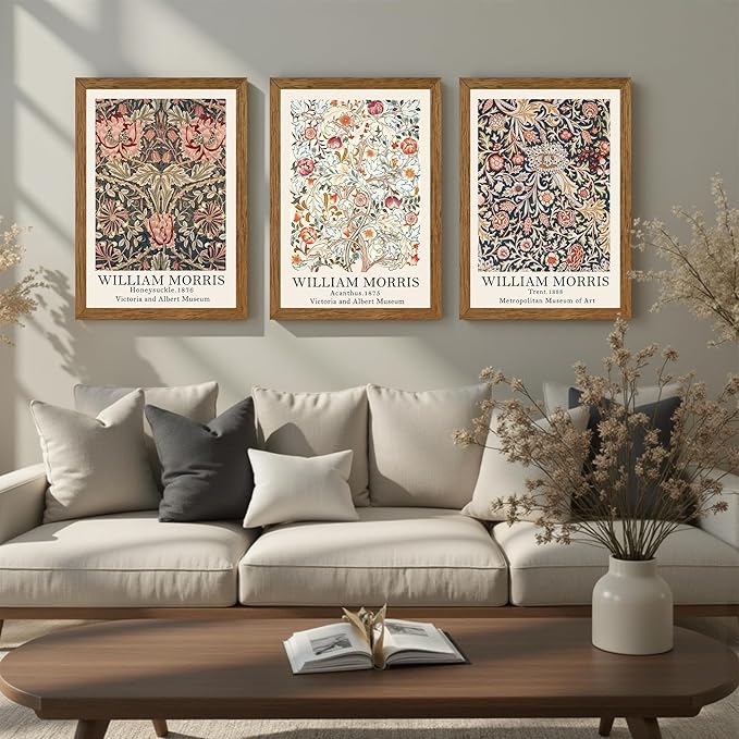 Krtoni 3PCS Framed William Morris Wall Art, Rustic Farmhouse Floral Wall Decor, Vintage Flower Plants Aesthetic Paintings, Flower Botanical Art Prints for Living Room Bedroom Bathroom 12W x 16H
