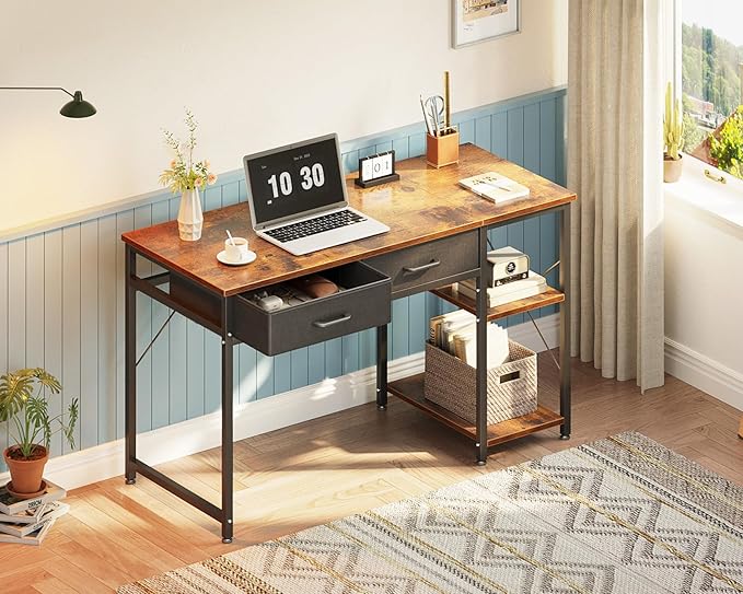 Coleshome Small Computer Desk with Drawers, 40 Inch Reversible Home Office Desk with Storage Shelves, Study Laptop Desk for Bedroom Small Space, Rustic Brown