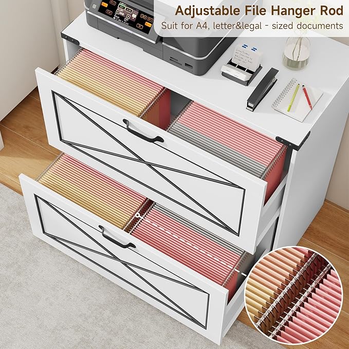 Vabches Lateral File Cabinet with 2 Drawers, Farmhouse Filing Cabinet Office File Cabinet with File Drawers, Wood Rustic Storage Cabinet File Organizer for Home Office, Living Room, White