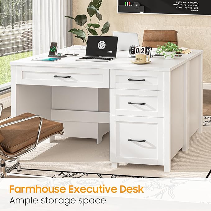 Farmhouse 47" Executive Desk, Computer Desk with File Drawer and Charging Station, Workstation for Home Office, Study.（Cream White