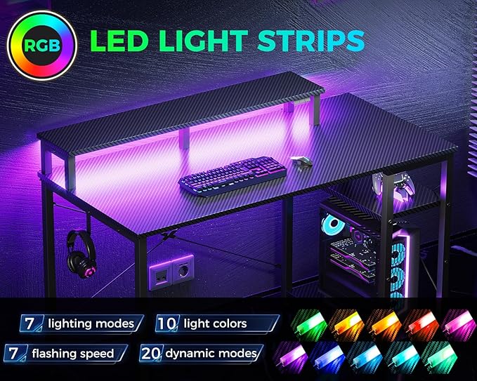 MOTPK 40 Inch Small Gaming Desk with Storage & Led Lights, Computer Desk with Shelf, Reversible Gamer Desk with Monitor Stand, Carbon Fiber Texture Black