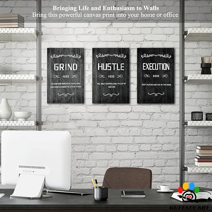 Office Wall Art - 3 Panel Motivational Wall Art, Inspirational Quotes Canvas Art for Home Office Wall Decor, Positive Quotes Wall Decor, Entrepreneur Grind Hustle Execution Poster Frame (12”x24”x3Pcs)