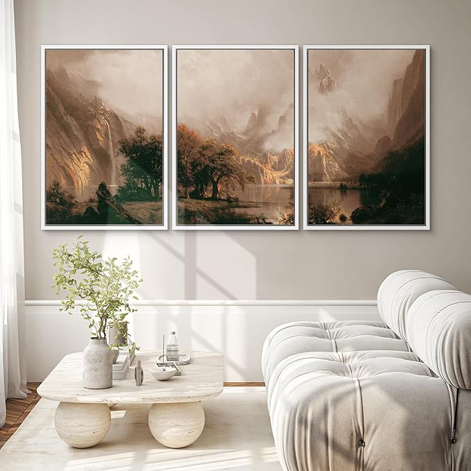 SIGNWIN Framed Canvas Print Wall Art Set Dramatic Mountain Valley Lake Landscape Illustrations Modern Art Decorative Nordic Abstract for Living Room, Bedroom, Office - 24"x36"x3 White