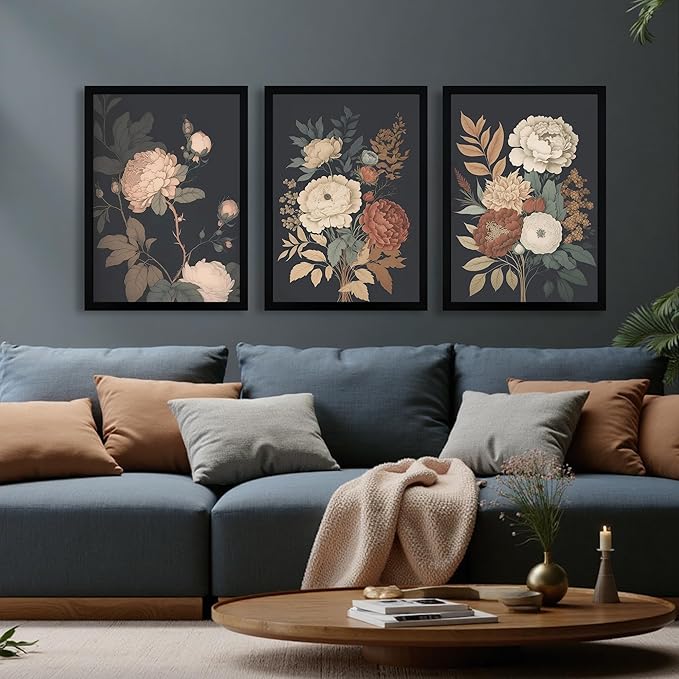Krtoni 3PCS Framed Vintage Flower Wall Art, Rustic Farmhouse Dark Peony Floral Wall Decor, Retro Plants Aesthetic Painting Prints, Flower Botanical Artwork for Living Room Bedroom Bathroom 16W x 24H