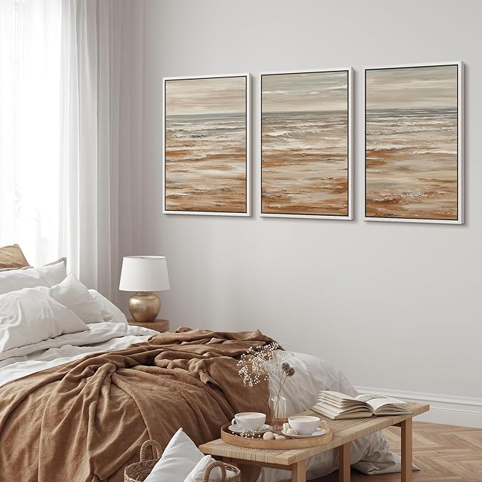 MUDECOR Framed Wall Art Print Set Neutral Coastal Seascape Minimalist Ocean Waves and Sandy Shore Illustrations Modern Art Boho Decorative for Living Room, Bedroom, Office - 16"x24"x3 WHITE