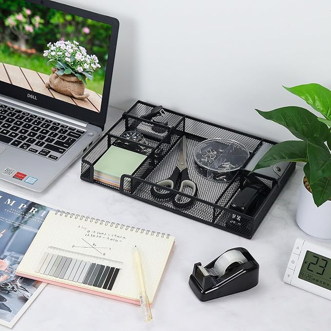 Buqoo Black Office Supplies Set,Black Office Desk Accessories,Desk Drawer Organizer,Stapler and Tape Dispenser Set,Tape,Staple Remover, Staples, Paper Clips, Scissor and Sticky Note