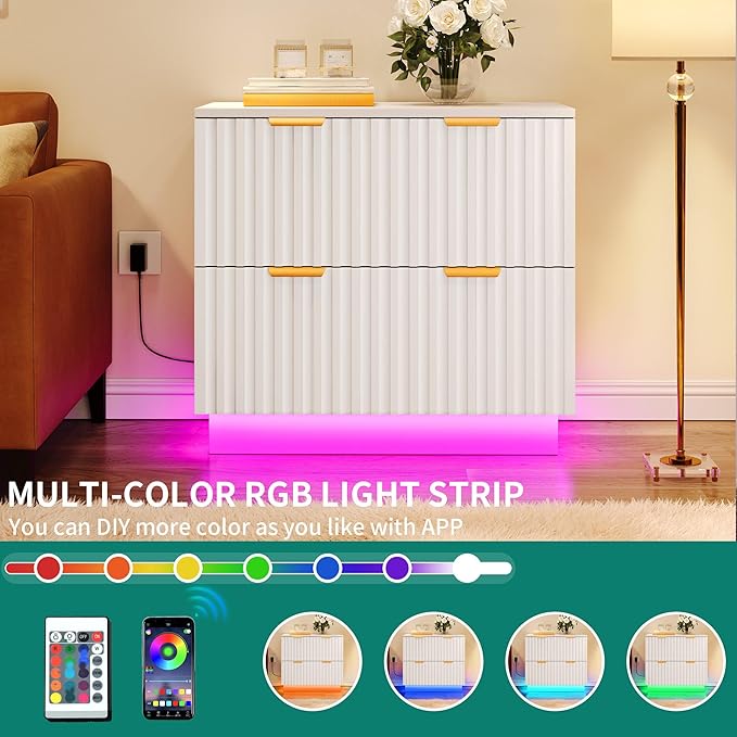 YITAHOME 2 Drawer File Cabinet with Led Light, Modern Filing Cabinet, Large Lateral File Cabinet for Home Office, White