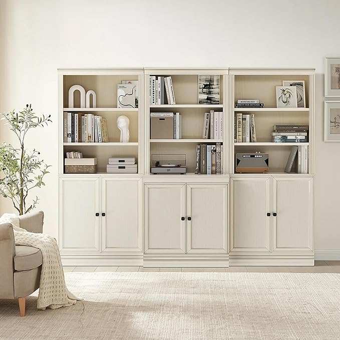 JAHRSTIM Halston Standard with Doors Bookshelves and Bookcase Floor Standing 5 Tier Adjustable Shelves Organizer and Storage, 72in Tall Bookshelf for Home Office, Living Room, Bed Room, Kitchen, Cream