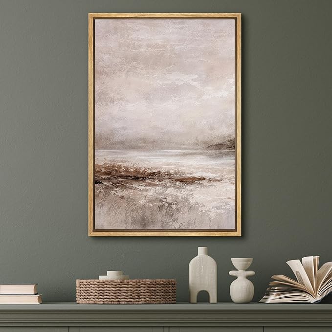 SIGNFORD Framed Canvas Print Wall Art Morning Mist over Shallow Shoal Illustration Minimalism Decorative Colorful Mid-Century for Living Room, Bedroom, Office - 16"x24" NATURAL