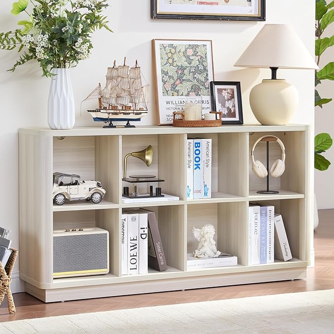 8 Cube Storage Bookcase, 52" Long Horizontal Book Shelf w/Curved Edge, Wood Low 2-Tier Cubby Console Bookshelf with Base, Modern Floor Standing TV Stand for Living Room, Gray-White Cream Oak