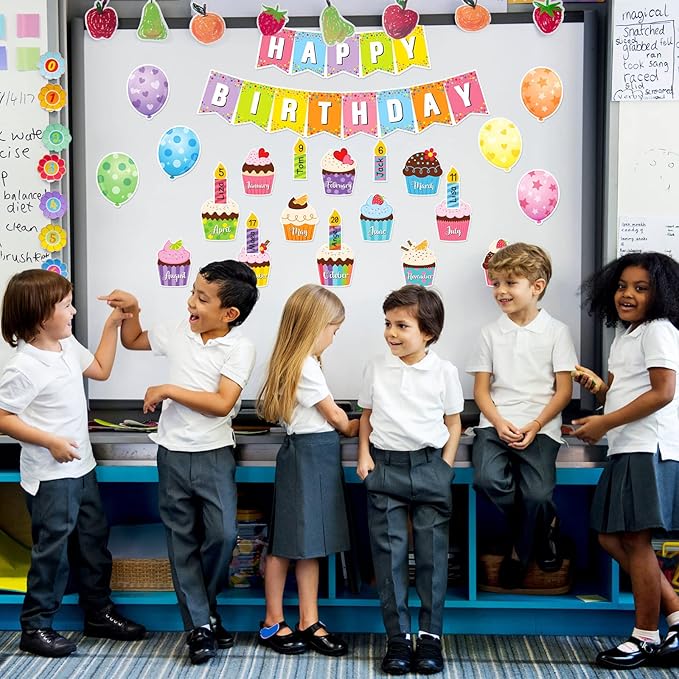 Leinuosen 45 Pieces Happy Birthday Bulletin Board Set Birthday Bulletin Board Decorations Classroom Chart Calendar Balloon Candle Cupcake Cutouts for Calendar Classrooms(Colorful)